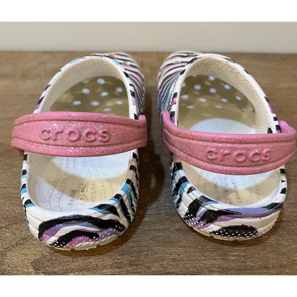 Crocs Kids C12 Classic Zebra Animal Print Clogs Pink Glitter Strap Slip On Shoes